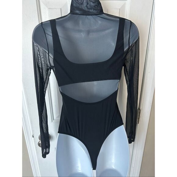 Forever 21 mesh long sleeve turtleneck black bodysuit size small tong - Picture 3 of 5